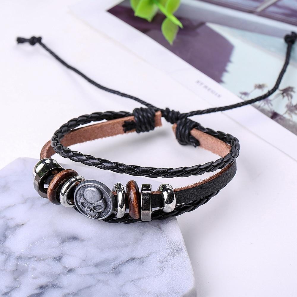 Bracelet Multi-Rangs Tête de Mort en Cuir - Mon Bracelet Homme