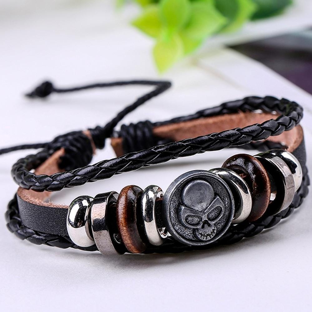 Bracelet Multi-Rangs Tête de Mort en Cuir - Mon Bracelet Homme