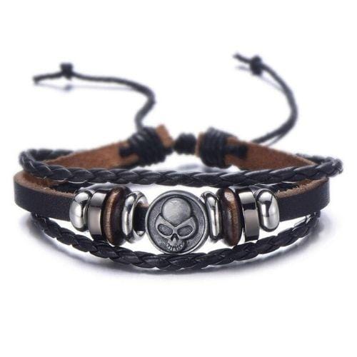 Bracelet Multi-Rangs Tête de Mort en Cuir - Mon Bracelet Homme