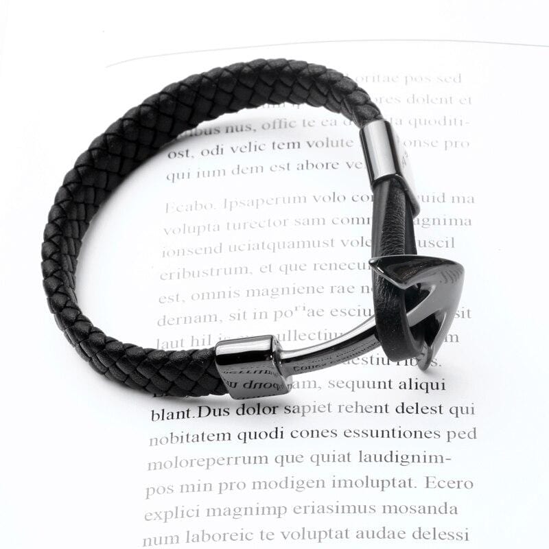 Bracelet Noir en Cuir avec une Ancre Homme - Mon Bracelet Homme