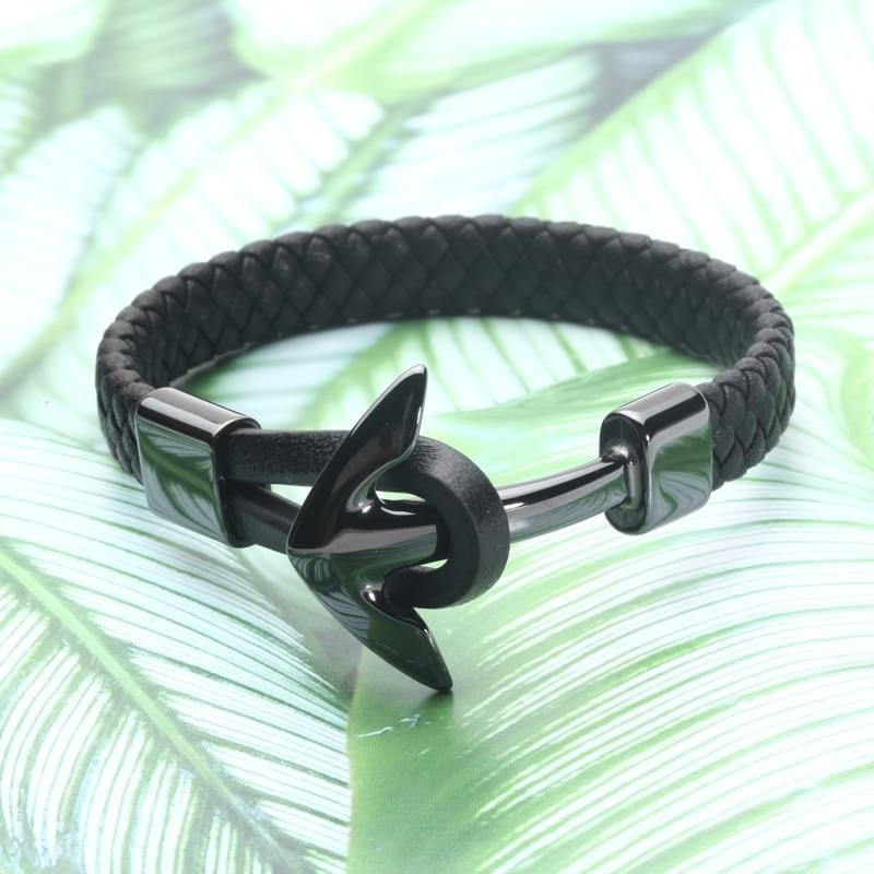 Bracelet Noir en Cuir avec une Ancre Homme - Mon Bracelet Homme