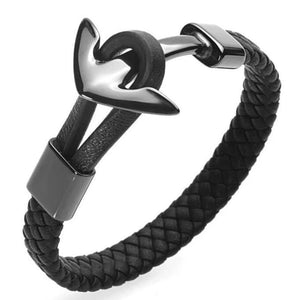 Bracelet Noir en Cuir avec une Ancre Homme - Mon Bracelet Homme