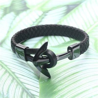 Bracelet Noir en Cuir avec une Ancre Homme - Mon Bracelet Homme