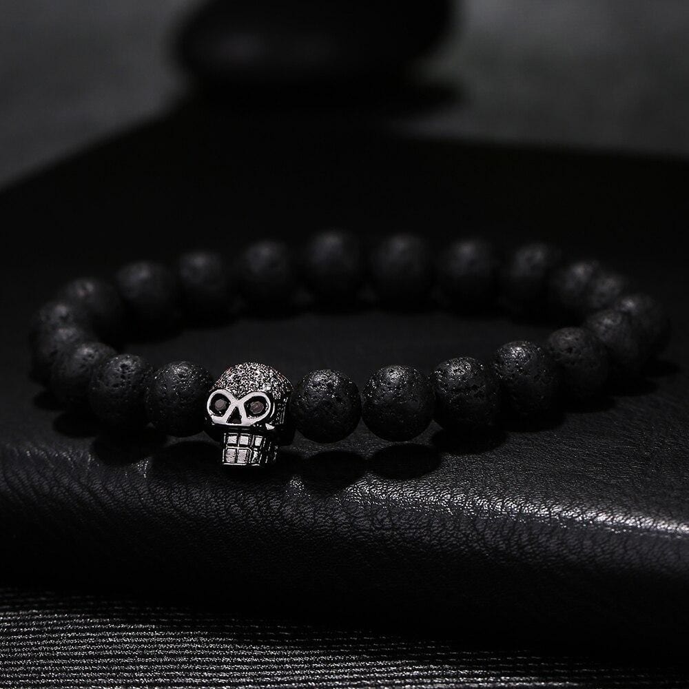 Bracelet Perle Volcanique et Tête de mort en Pierre - Mon Bracelet Homme