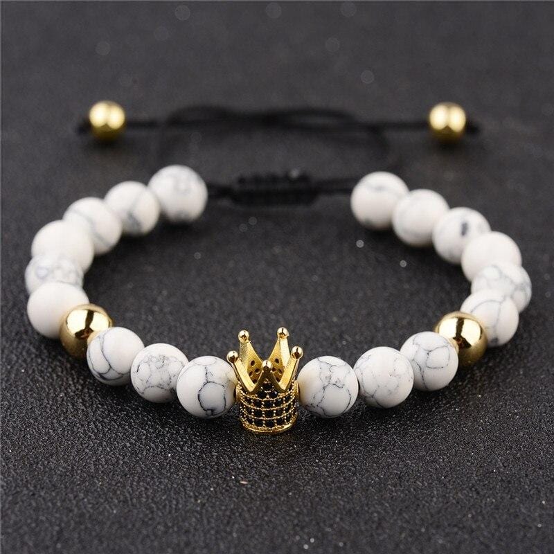Bracelet Perles Blanche Couronne en Pierre - Mon Bracelet Homme