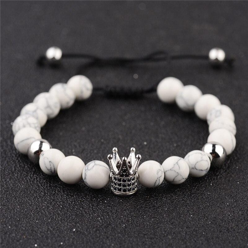 Bracelet Perles Blanche Couronne en Pierre - Mon Bracelet Homme