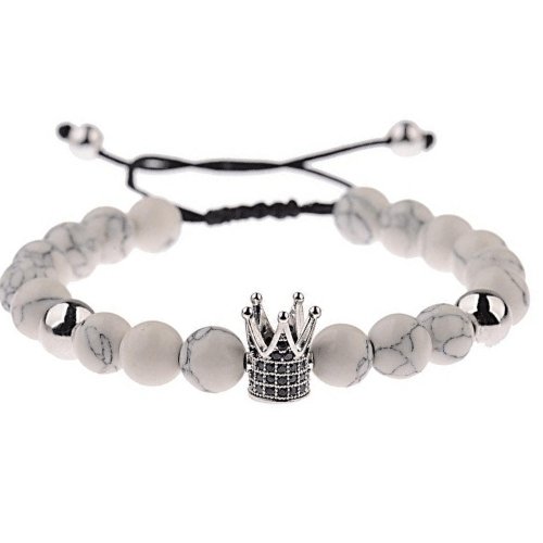 Bracelet Perles Blanche Couronne en Pierre - Mon Bracelet Homme