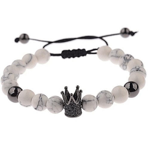 Bracelet Perles Blanche Couronne en Pierre - Mon Bracelet Homme