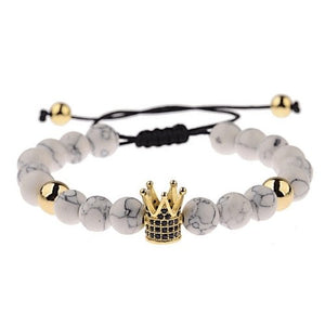 Bracelet Perles Blanche Couronne en Pierre - Mon Bracelet Homme