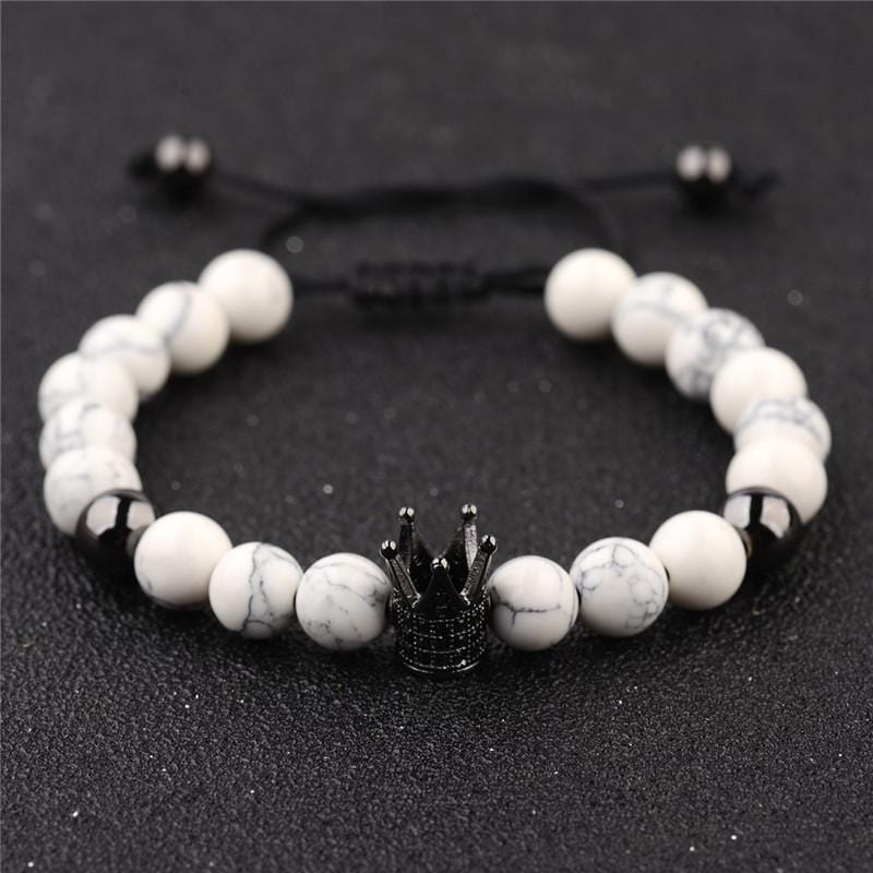 Bracelet Perles Blanche Couronne en Pierre - Mon Bracelet Homme