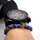 Bracelet Perles Bleues avec Couronne en Pierre - Mon Bracelet Homme