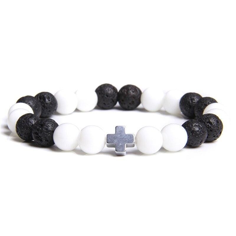 Bracelet Perles Croix en Acier en Pierre - Mon Bracelet Homme