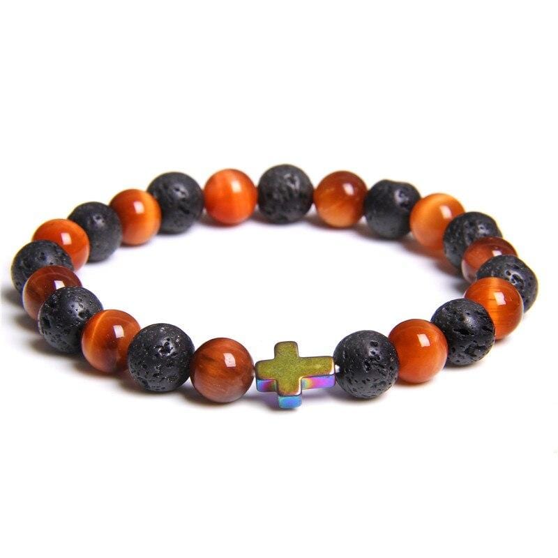 Bracelet Perles Croix en Acier en Pierre - Mon Bracelet Homme