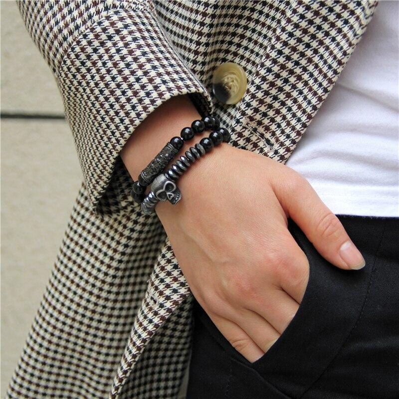 Bracelet Perles Homme Crâne Imposant en Pierre - Mon Bracelet Homme