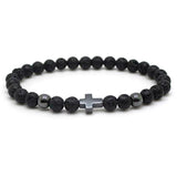 Bracelet Perles Homme Croix Argentée en Pierre