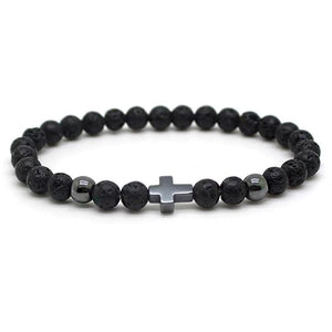 Bracelet Perles Homme Croix Argentée en Pierre - Mon Bracelet Homme