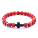 Bracelet Perles Rouge avec Croix en Pierre