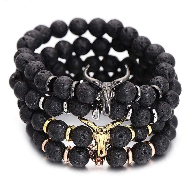Bracelet Pierre de Lave Tête de Buffle en Perle - Mon Bracelet Homme