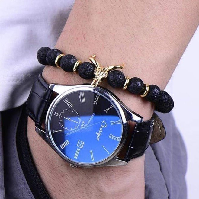 Bracelet Pierre de Lave Tête de Buffle en Perle - Mon Bracelet Homme