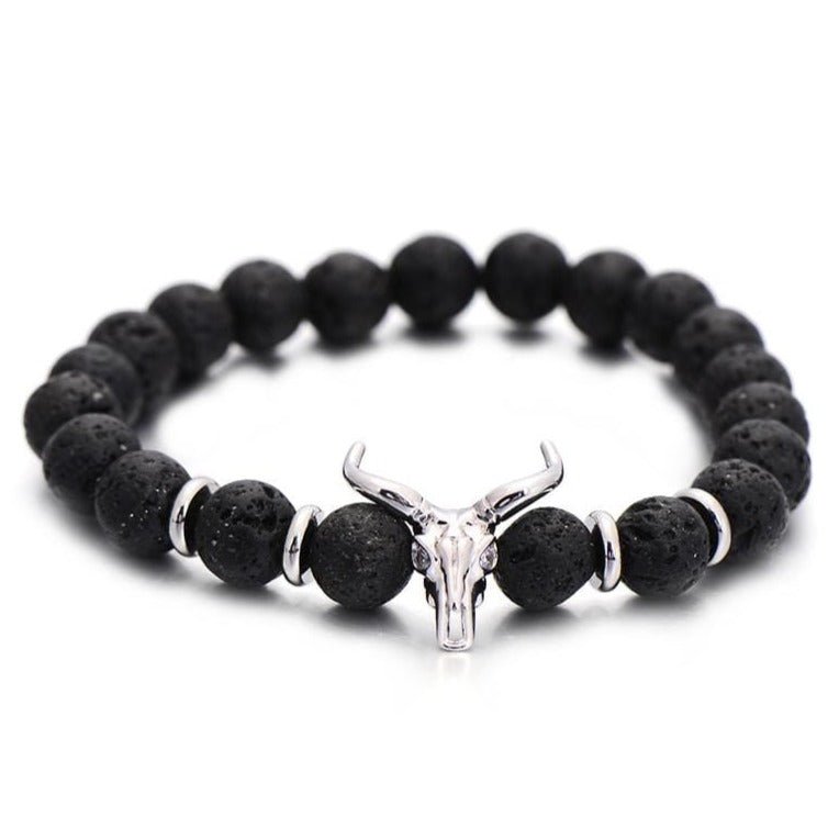 Bracelet Pierre de Lave Tête de Buffle en Perle - Mon Bracelet Homme