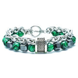 Bracelet Pierre Naturelle Malachite Et Acier Inoxydable pour Homme en Perles