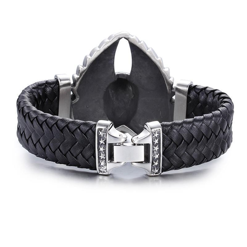 Bracelet Homme Cuir Tressé Tête De Mort Acier