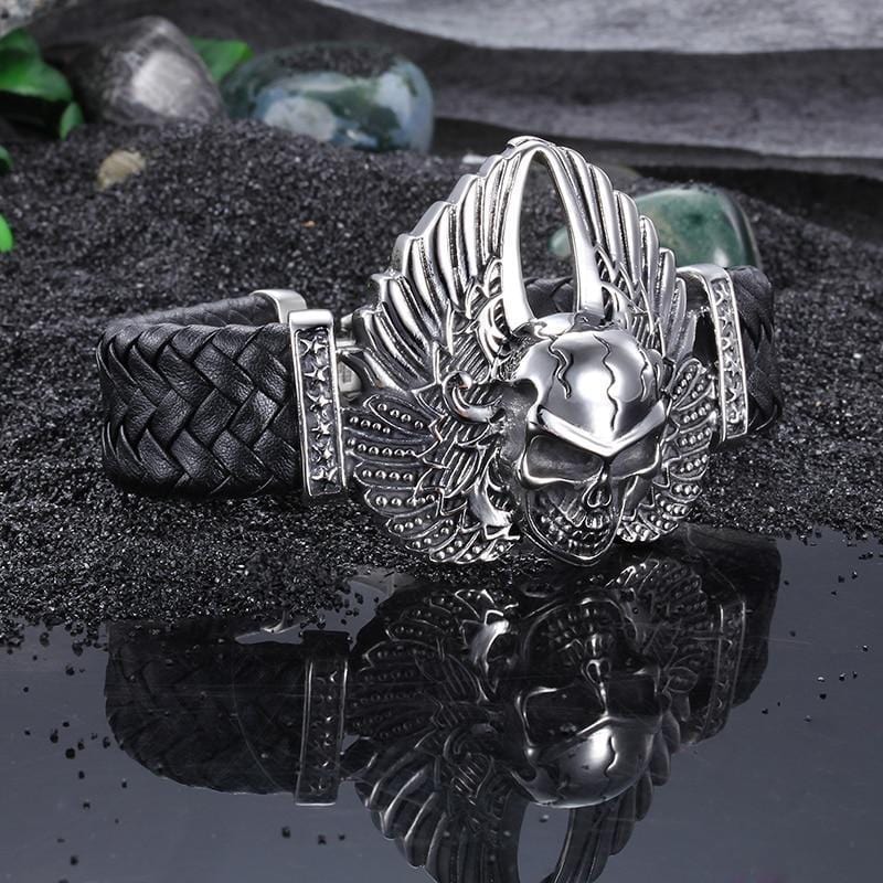 Bracelet Homme Cuir Tressé Tête De Mort Acier