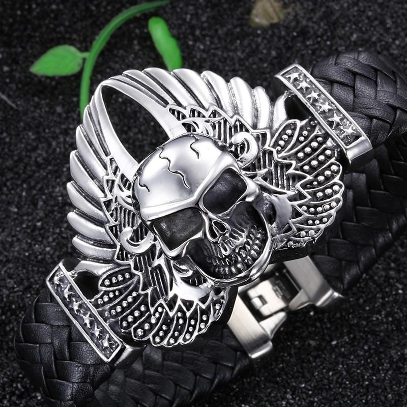 Bracelet Homme Cuir Tressé Tête De Mort Acier