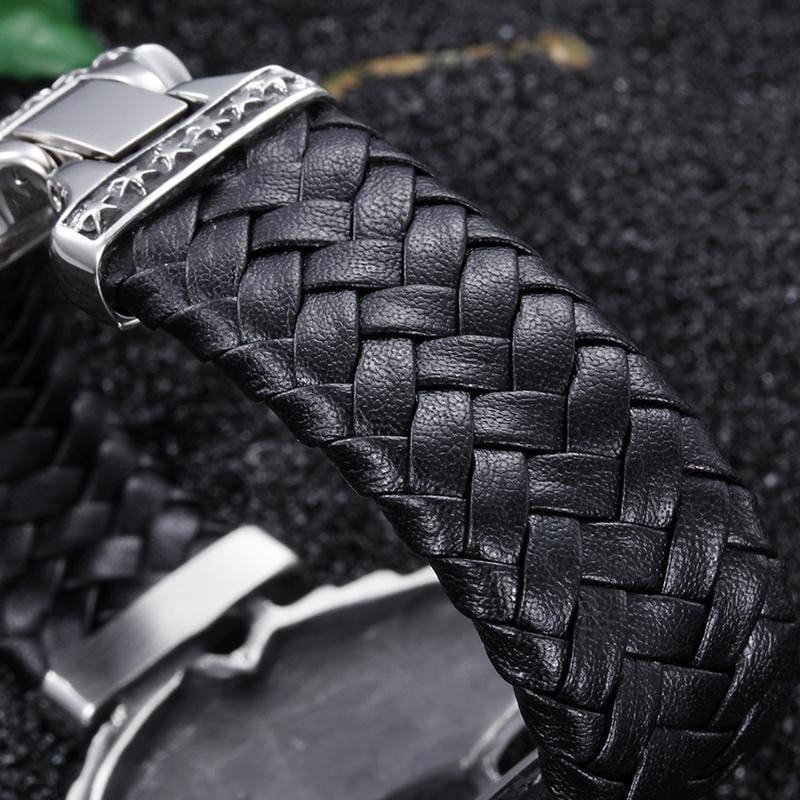 Bracelet Homme Cuir Tressé Tête De Mort Acier