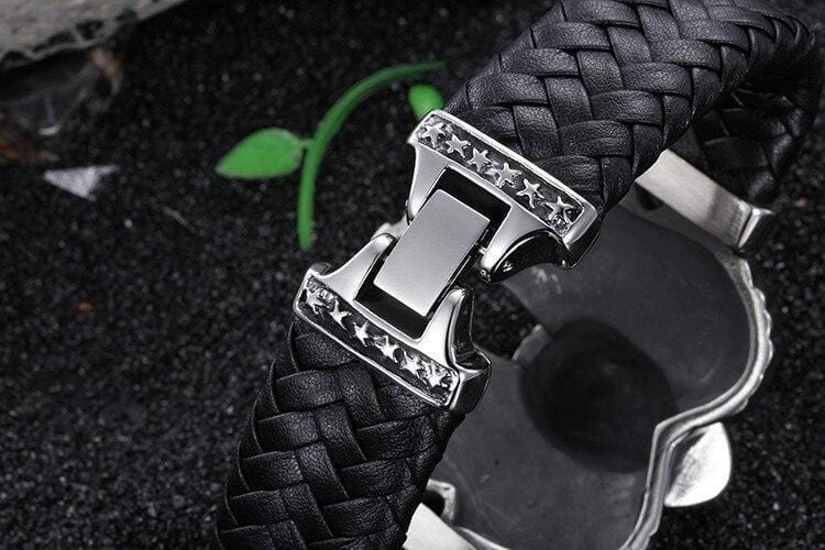 Bracelet Homme Cuir Tressé Tête De Mort Acier