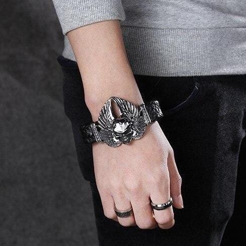 Bracelet Homme Cuir Tressé Tête De Mort Acier