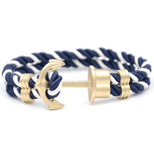 Bracelet Ancre Dorée MBH en Nylon Bleu et Blanc pour Homme - Mon Bracelet Homme