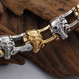 Bracelet Chaîne de Moto Argenté et Doré Avec des Têtes de Mort - Mon Bracelet Homme