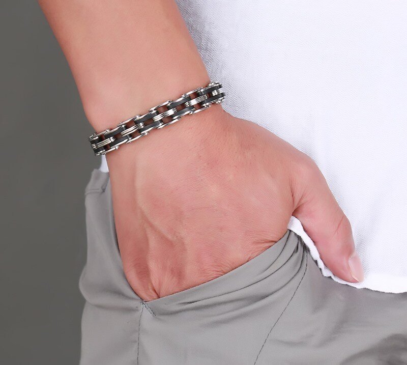 Bracelet Chaîne de Moto Argenté et Noir en Acier Inoxydable et en Silicone Adam - Mon Bracelet Homme