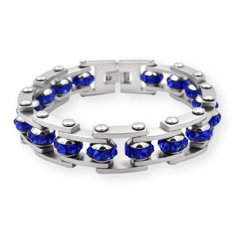 Bracelet Chaîne de Moto Gris Avec Strass Bleu - Mon Bracelet Homme