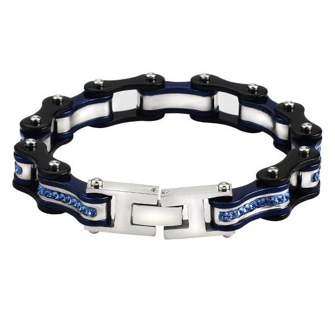 Bracelet Chaîne de Moto Noir Avec Strass Bleu Style Hip Hop Eddie - Mon Bracelet Homme