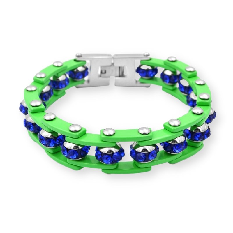 Bracelet Chaîne de Moto Vert Avec Strass Bleu - Mon Bracelet Homme