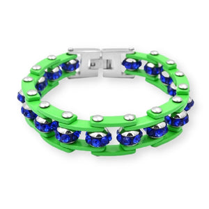 Bracelet Chaîne de Moto Vert Avec Strass Bleu - Mon Bracelet Homme
