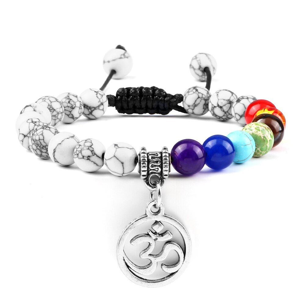 Bracelet Chakra en Perles Blanches avec Symbole Aum Argenté Réglable - Mon Bracelet Homme