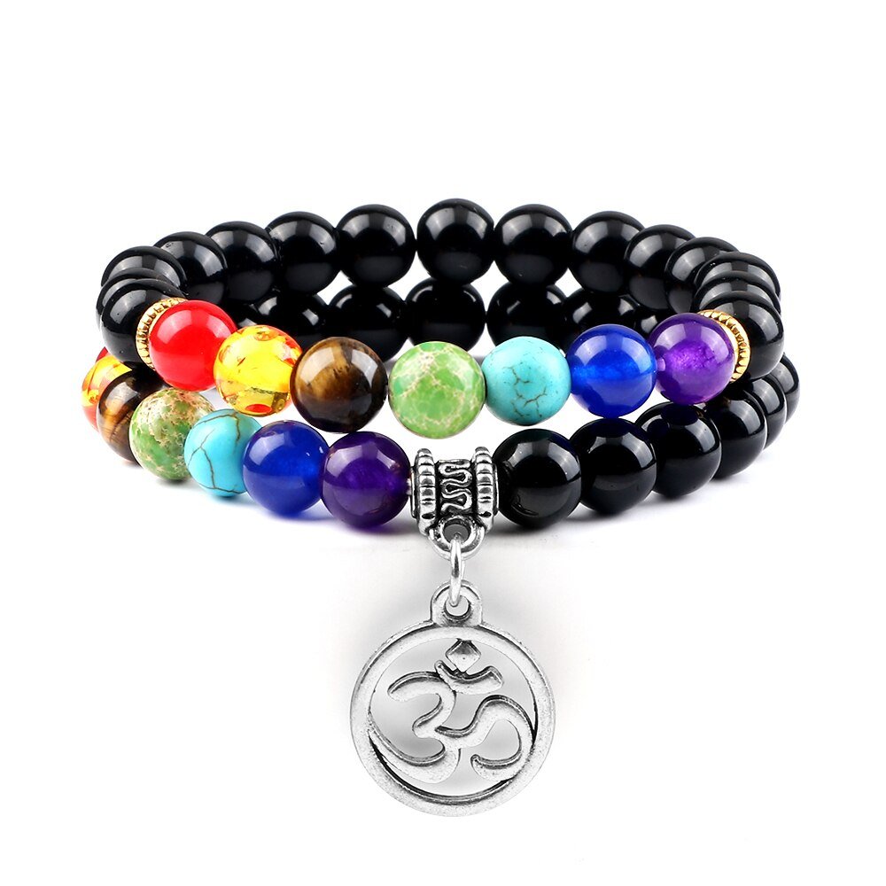 Bracelet Chakra En Perles Noires Brillantes avec Symbole Aum Argenté - Mon Bracelet Homme