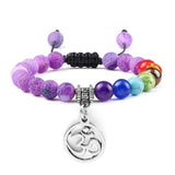 Bracelet Chakra en Perles Violettes avec Symbole Aum Argenté Réglable