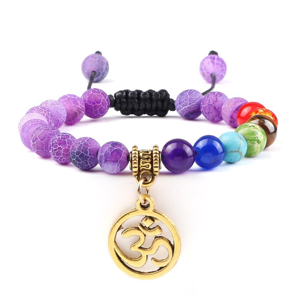 Bracelet Chakra en Perles Violettes avec Symbole Aum Doré Réglable - Mon Bracelet Homme