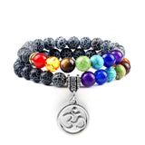 Bracelet Chakra Homme En Pierres Noires avec Symbole Bouddhiste Aum Argenté - Mon Bracelet Homme