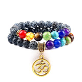 Bracelet Chakra Homme En Pierres Noires avec Symbole Bouddhiste Aum Doré
