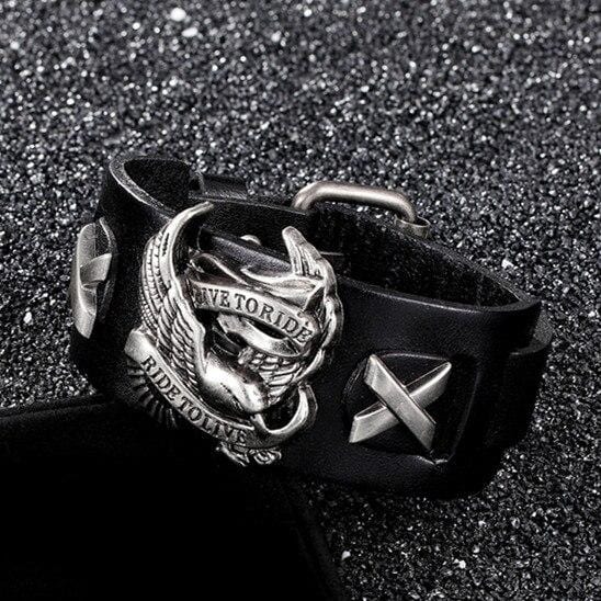 Bracelet de Force Biker Noir en Cuir - Mon Bracelet Homme