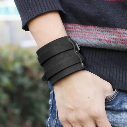 Bracelet Montre Style Force - Simili Cuir Noir Avec Chaîne Métal Chromé, Longueur ~20 Cm - Neuf Avec étiquettes