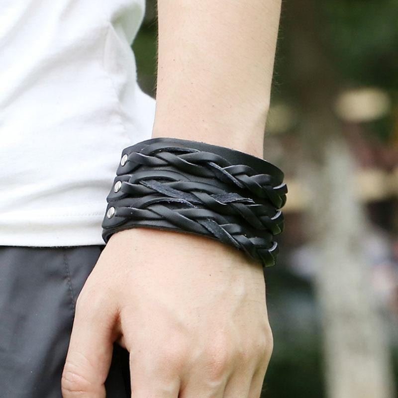 Bracelet de Force Tressé Noir en Cuir - Mon Bracelet Homme