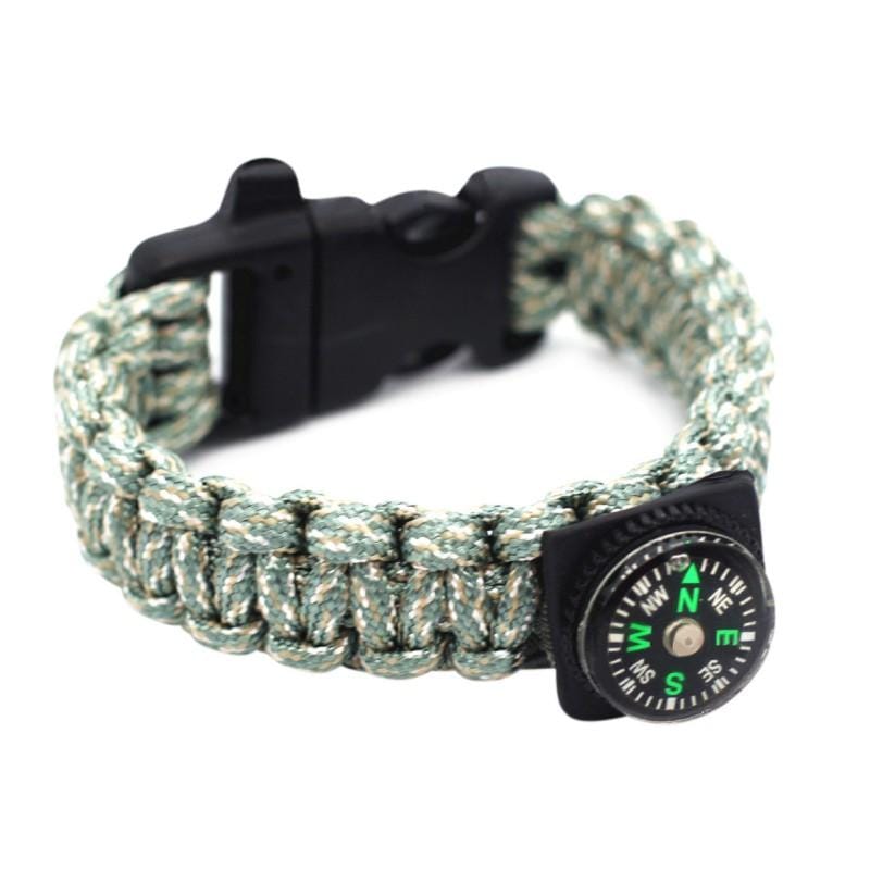 Bracelet 5-en-1 de survie avec boussole, sifflet, allume-feu, outil de coupe et corde d'urgence