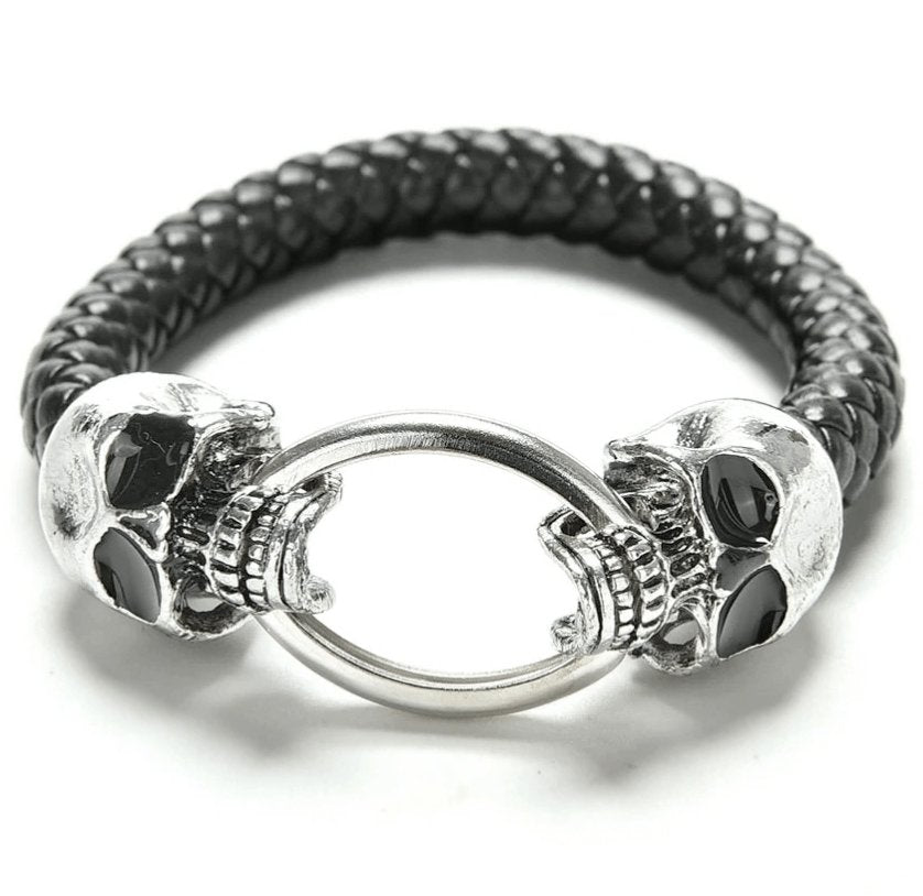 Bracelet Homme Cuir Et Acier – Crane Tête De Mort, Cubes, Fleur De Lys – 0157