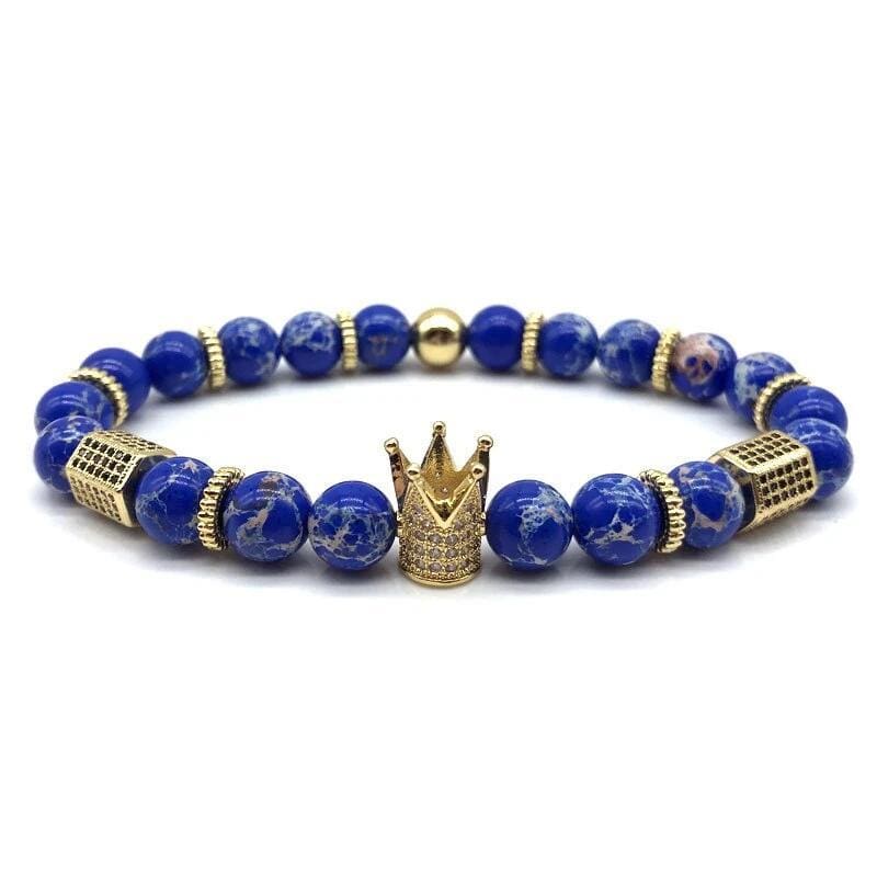 Bracelet Perles Bleues avec Couronne en Pierre - Mon Bracelet Homme